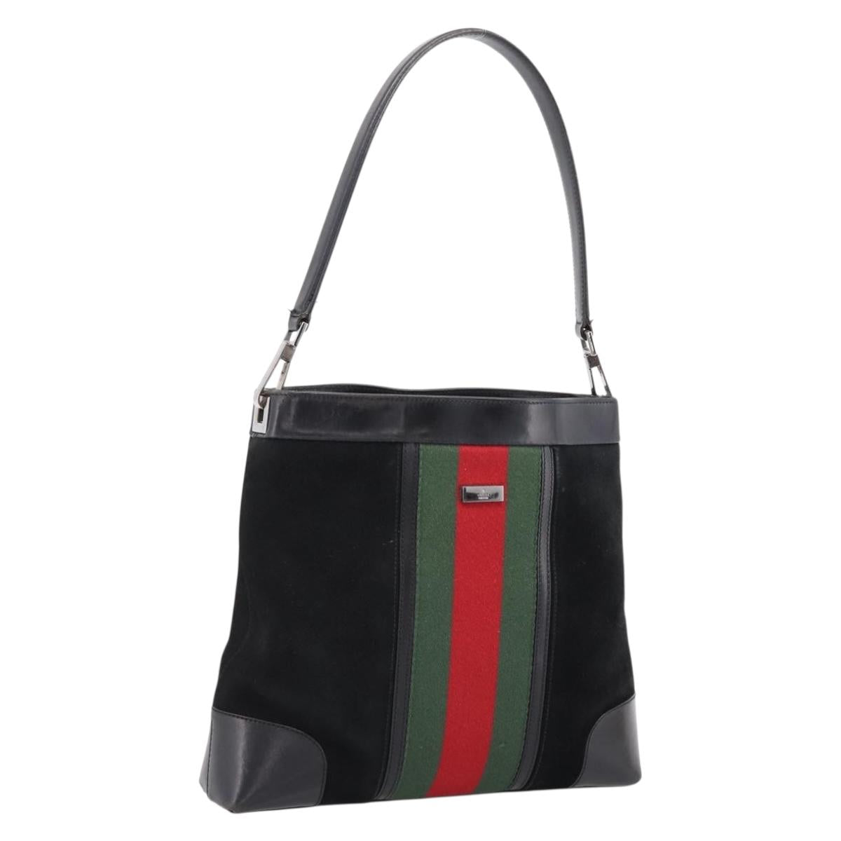 GUCCI Web Sherry Line Shoulder Bag Suede Black Silver 33900 Auth 199192V