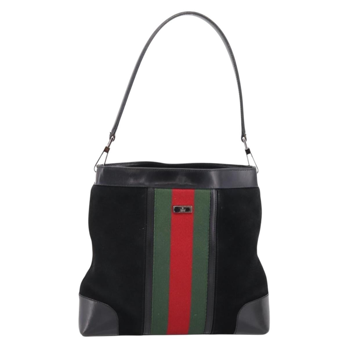 GUCCI Web Sherry Line Shoulder Bag Suede Black Silver 33900 Auth 199192V