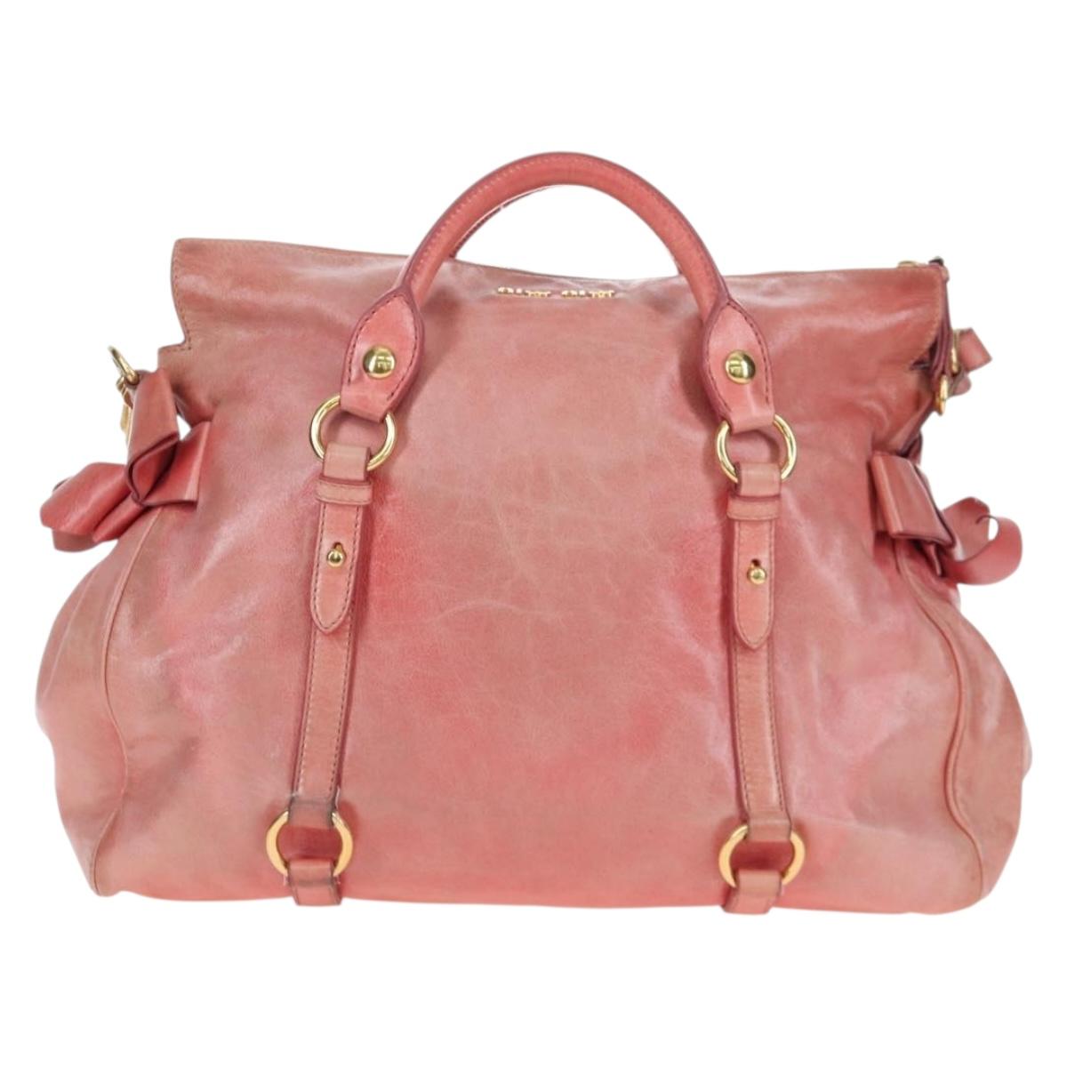 Miu Miu Hand Bag Vitello Lux Leather 2way Pink Gold Auth 199199V