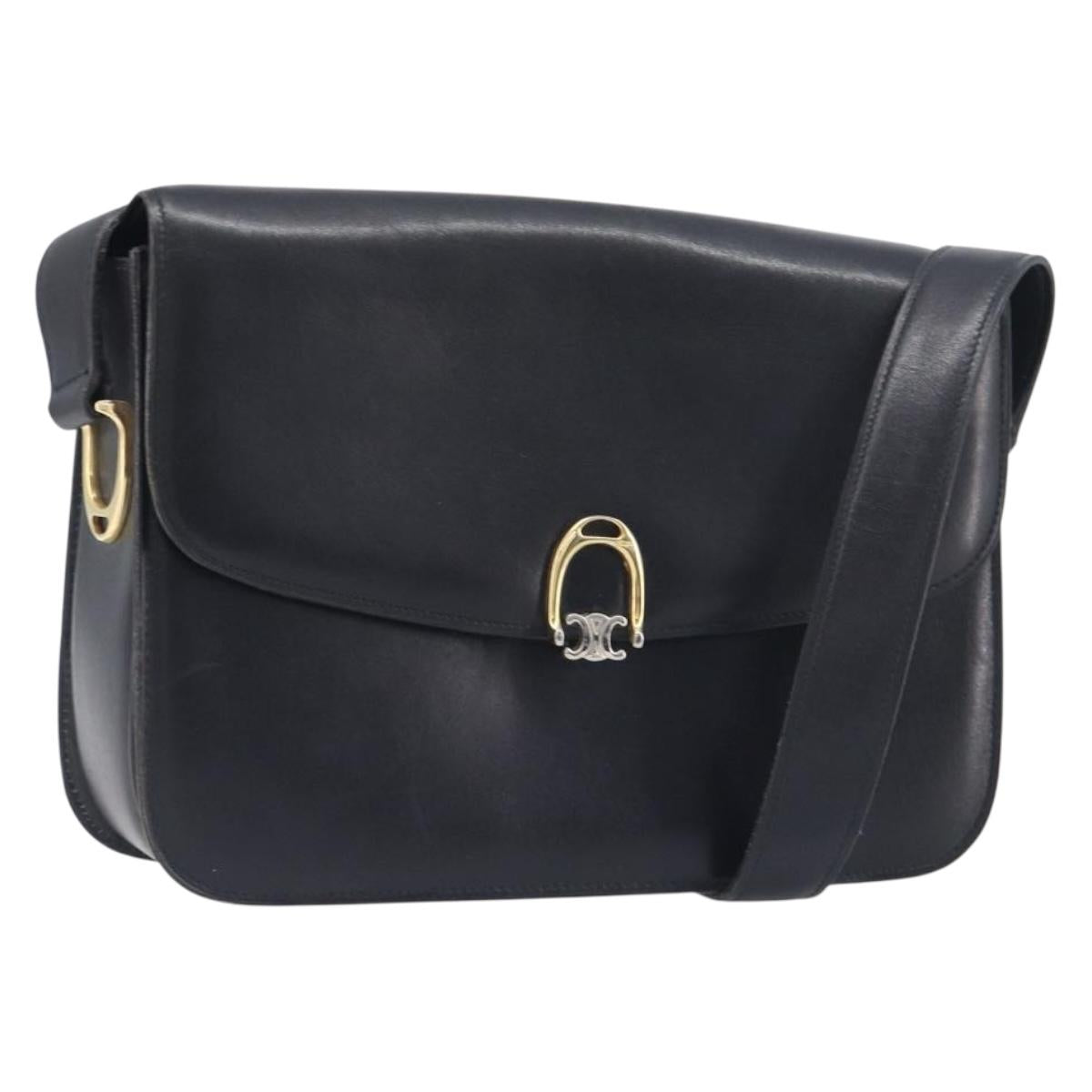 CELINE Shoulder Bag Leather Black Gold Auth 199214