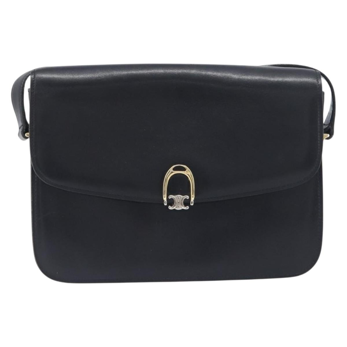 CELINE Shoulder Bag Leather Black Gold Auth 199214