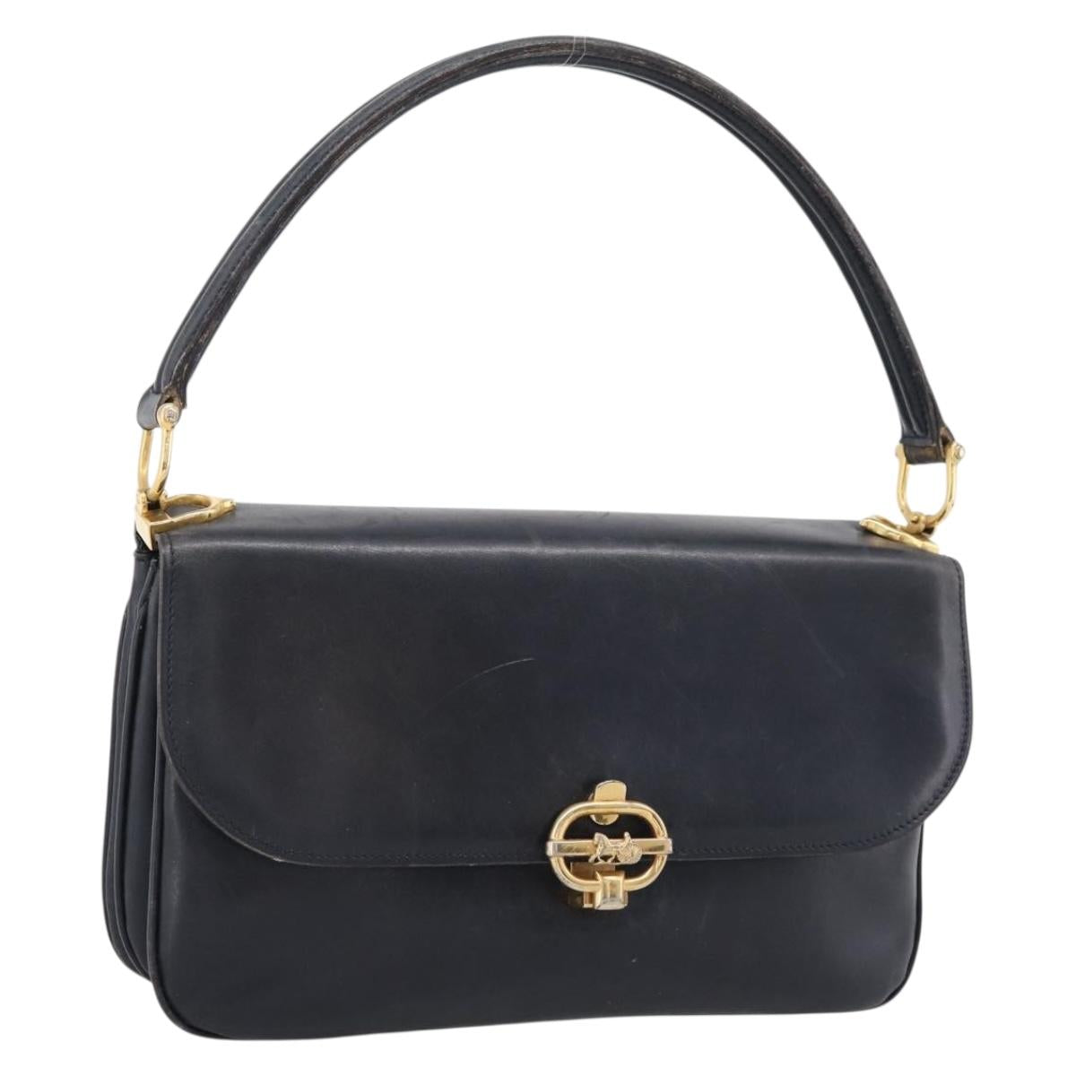 CELINE Horse Carriage Shoulder Bag Leather Navy Gold Auth 199215