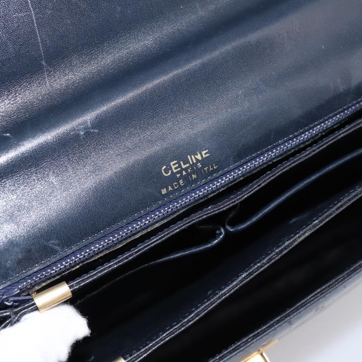 CELINE Horse Carriage Shoulder Bag Leather Navy Gold Auth 199215