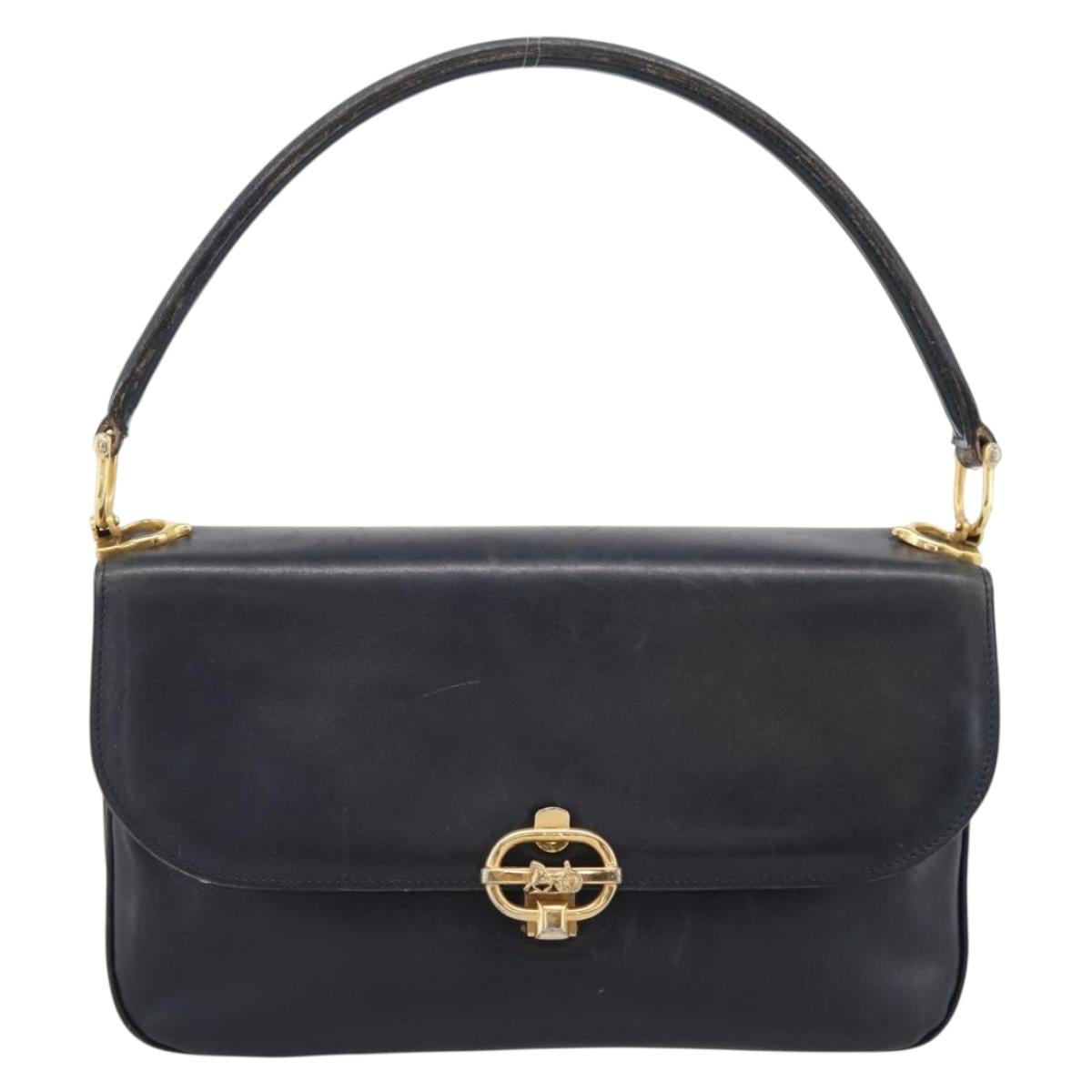 CELINE Horse Carriage Shoulder Bag Leather Navy Gold Auth 199215