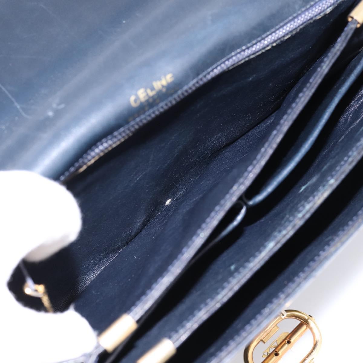 CELINE Horse Carriage Shoulder Bag Leather Navy Gold Auth 199215