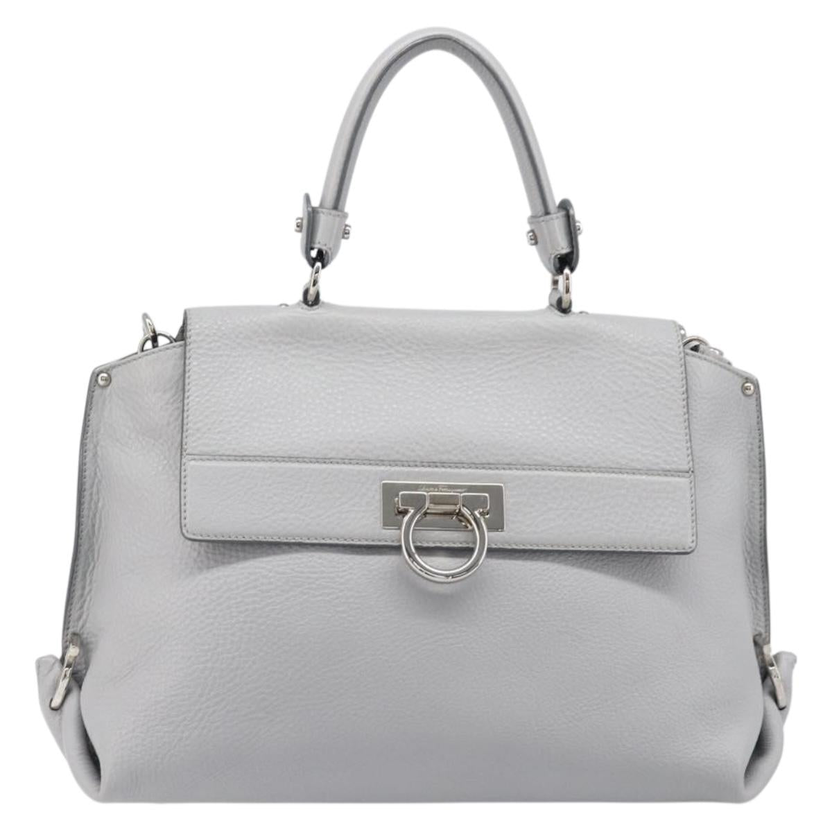 Salvatore Ferragamo Sofia Gancini Hand Bag Leather 2way Gray Silver Auth 199218V