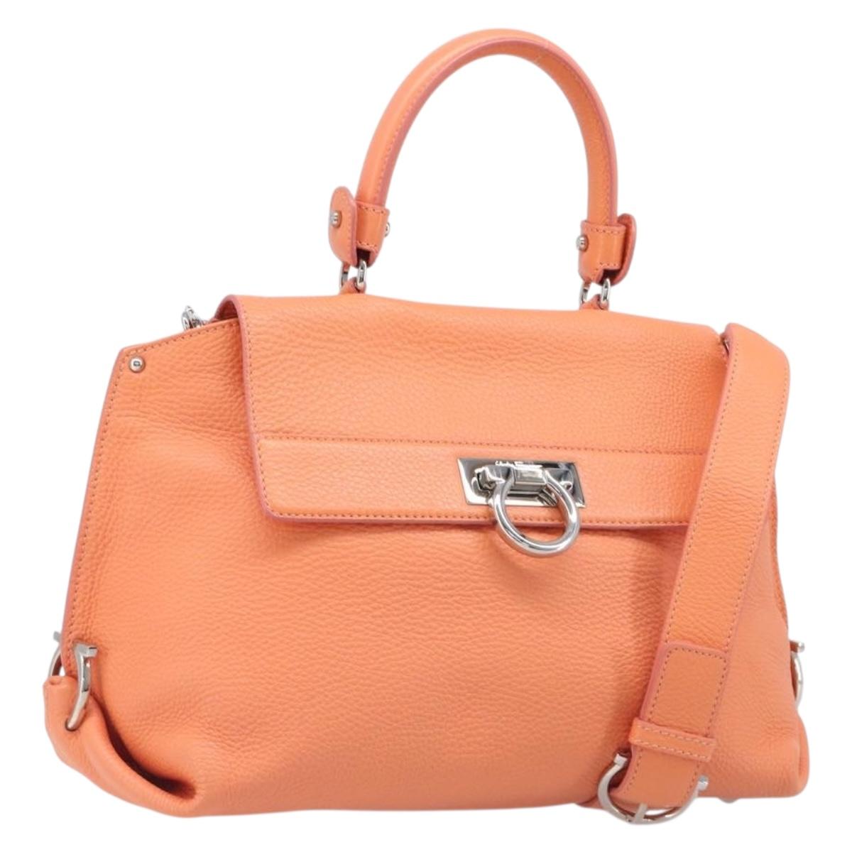 Salvatore Ferragamo Sofia Gancini Bag Leather 2way Orange Silver Auth 199221V