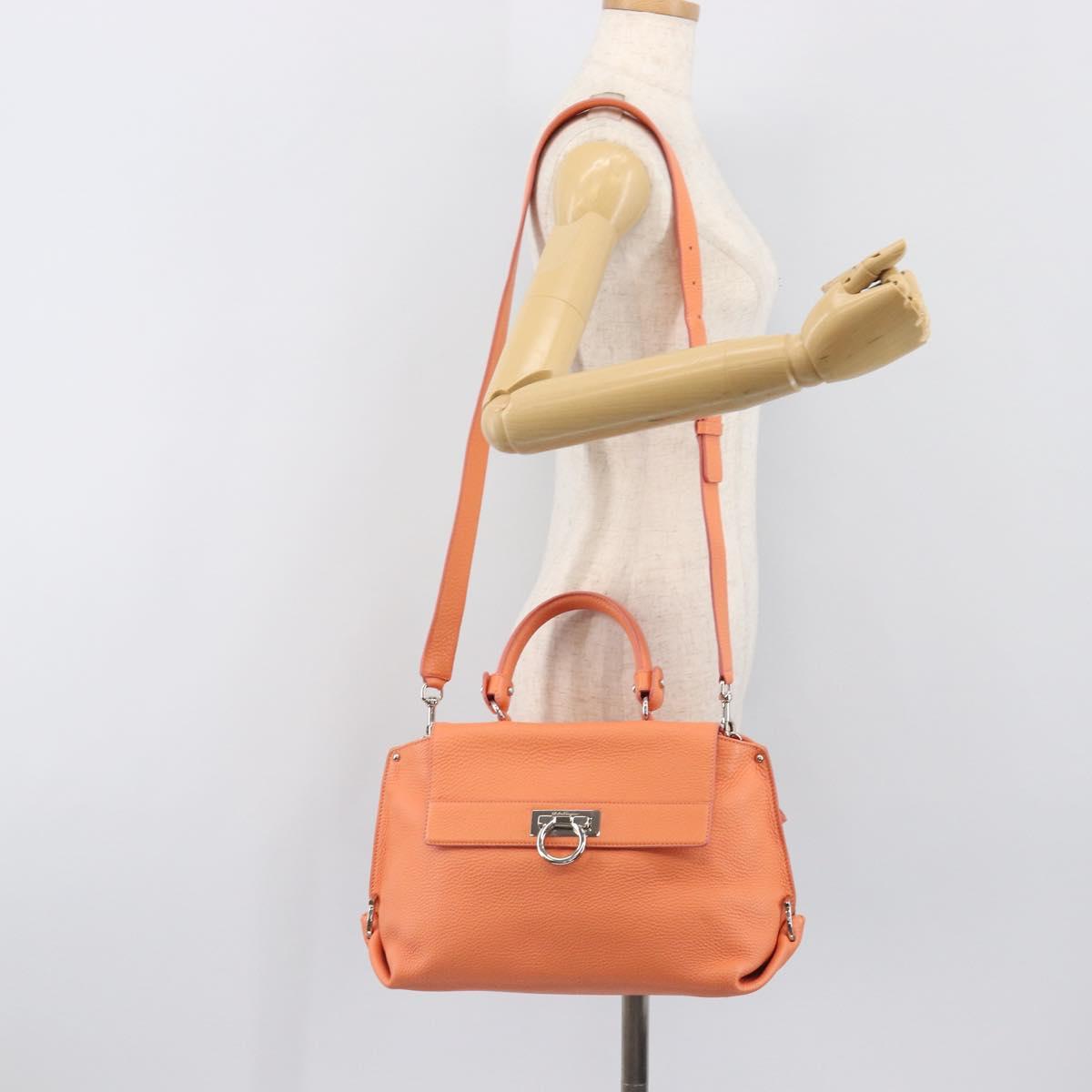 Salvatore Ferragamo Sofia Gancini Bag Leather 2way Orange Silver Auth 199221V