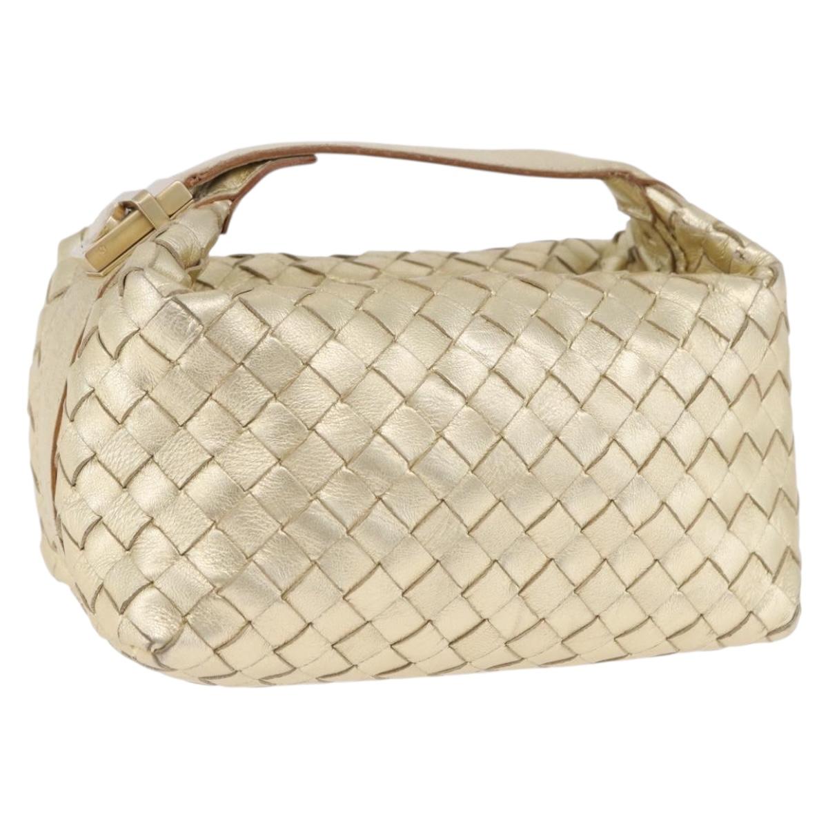 BOTTEGA VENETA INTRECCIATO Hand Pouch Leather Gold Auth 199226V