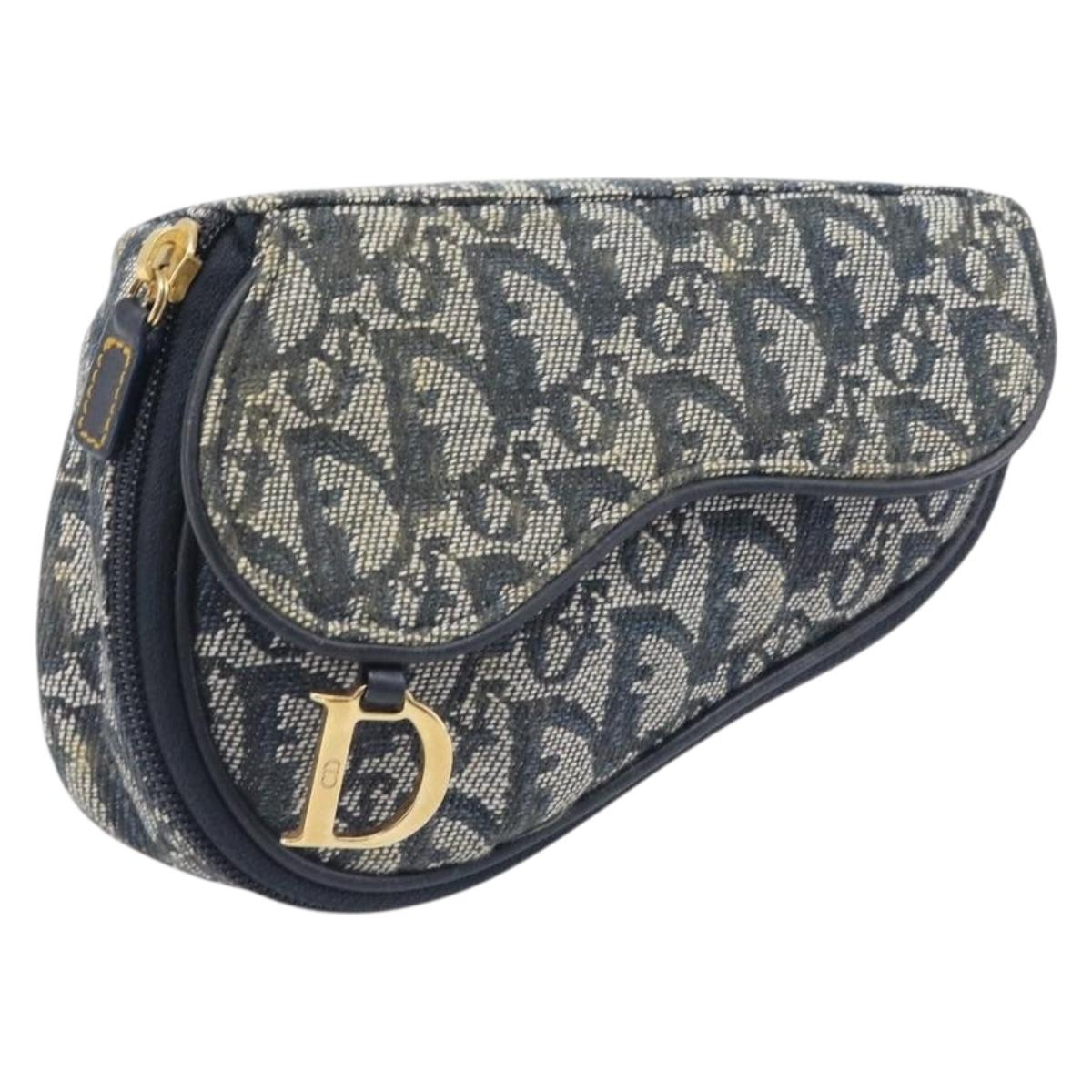 Christian Dior Trotter Canvas Saddle Pouch Navy Gold Auth 199228