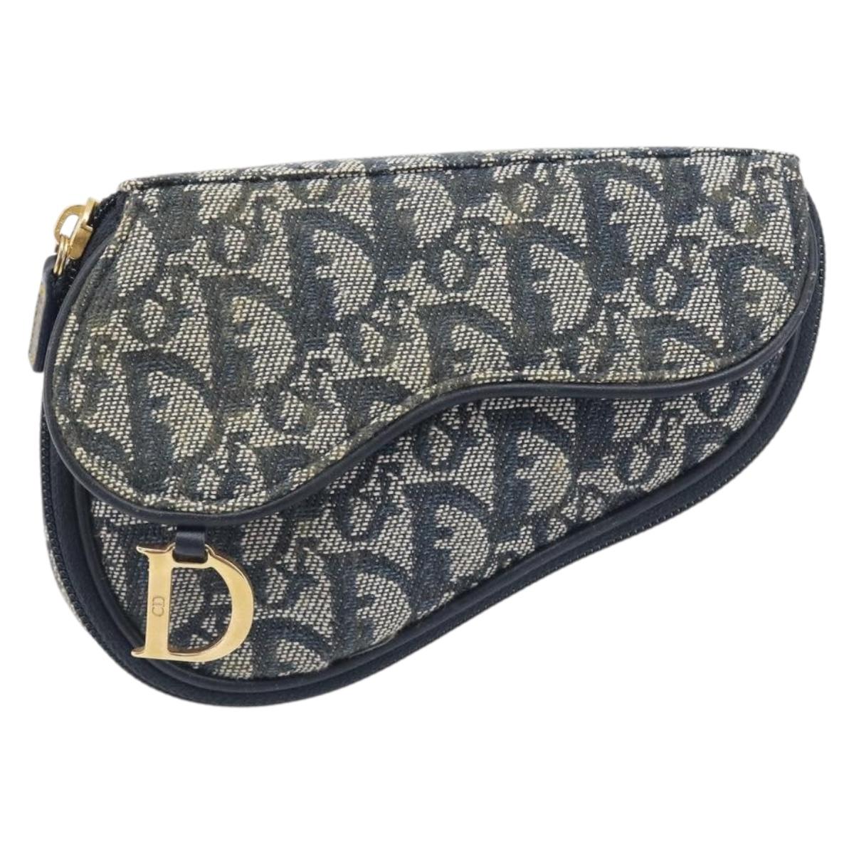 Christian Dior Trotter Canvas Saddle Pouch Navy Gold Auth 199228