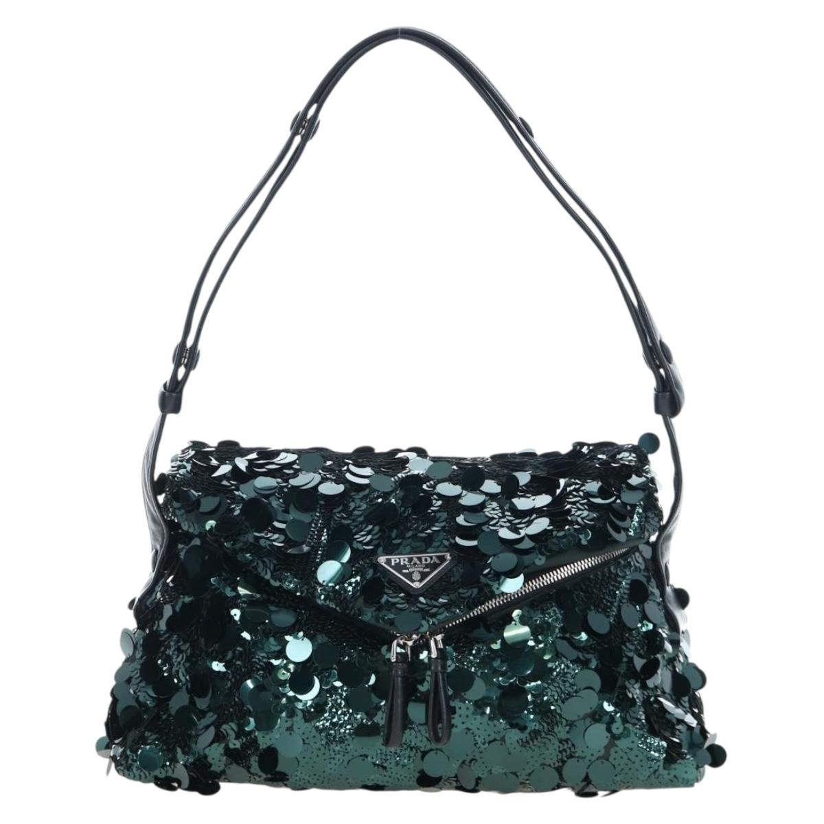 PRADA Shoulder Bag Sequin Green Silver Auth 199336SM