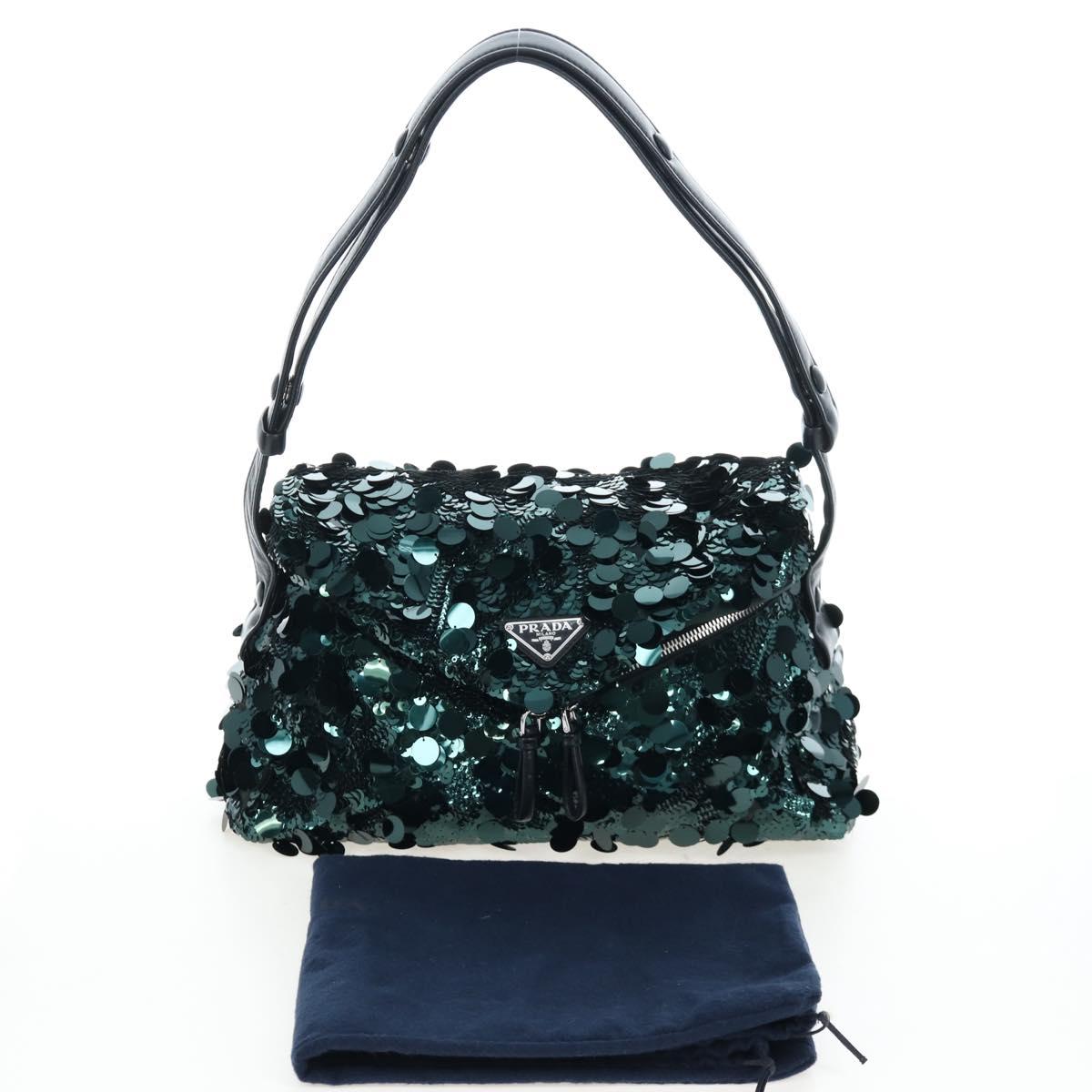 PRADA Shoulder Bag Sequin Green Silver Auth 199336SM