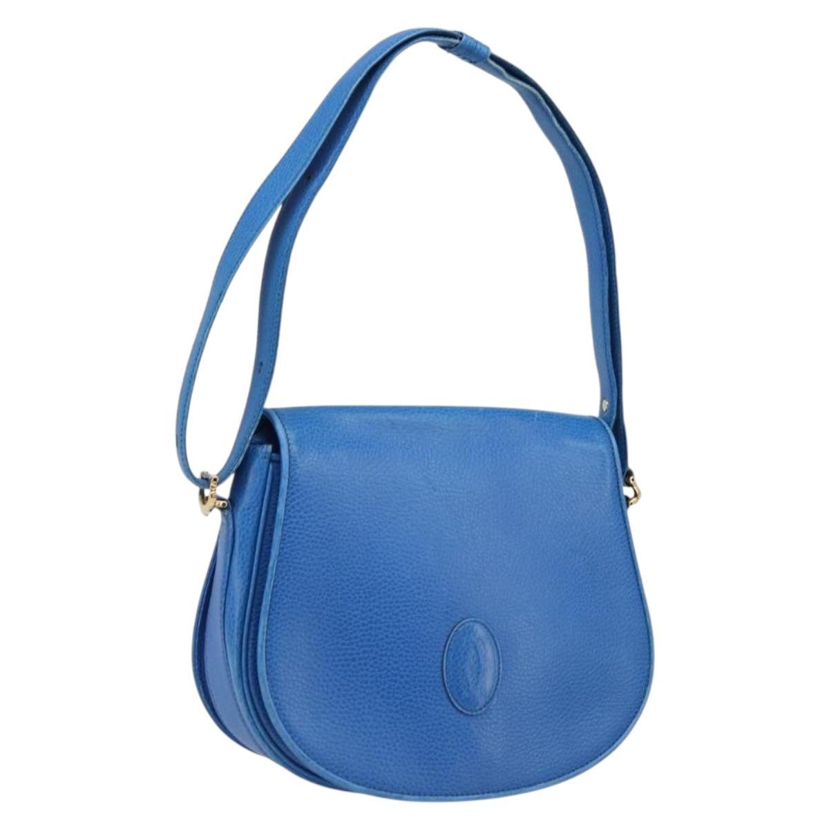 CARTIER Must Line Shoulder Bag Leather Blue Gold Tone Auth 199340