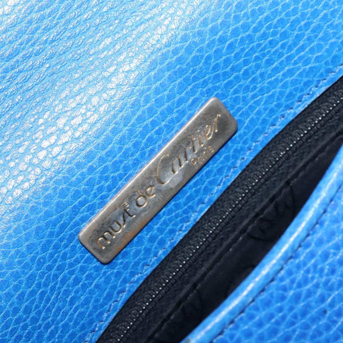 CARTIER Must Line Shoulder Bag Leather Blue Gold Tone Auth 199340