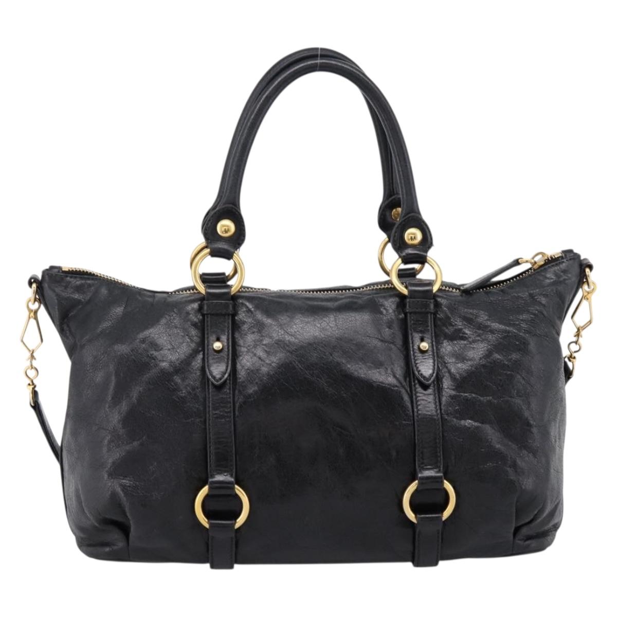 Miu Miu Vittello Shine Hand Bag Leather 2way Black Gold Tone Auth 199341V