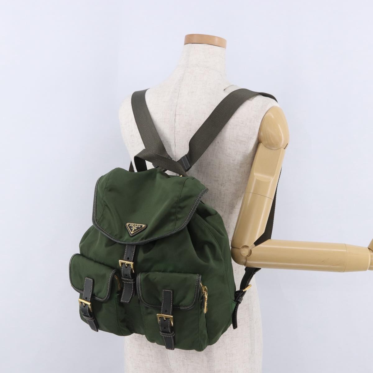 PRADA Backpack Nylon Green Gold Tone Auth 199343A