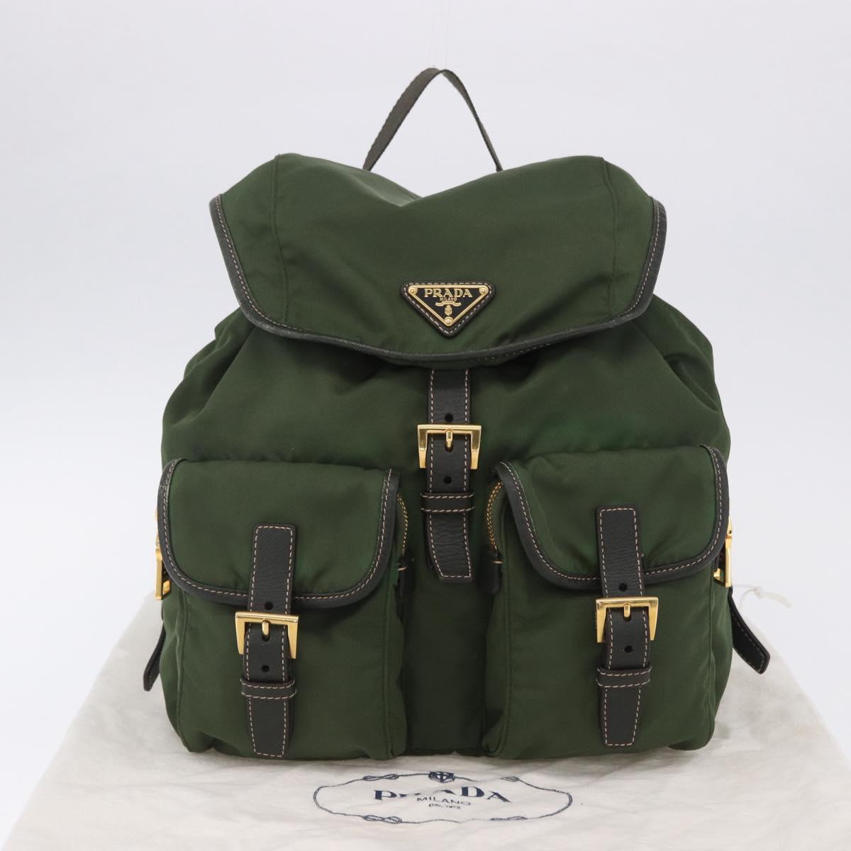 PRADA Backpack Nylon Green Gold Tone Auth 199343A