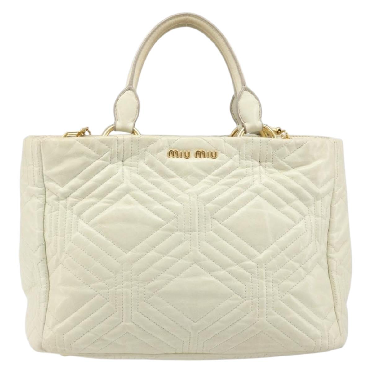 Miu Miu Vitter Shine Hand Bag Leather 2way Beige Gold Tone Auth 199350