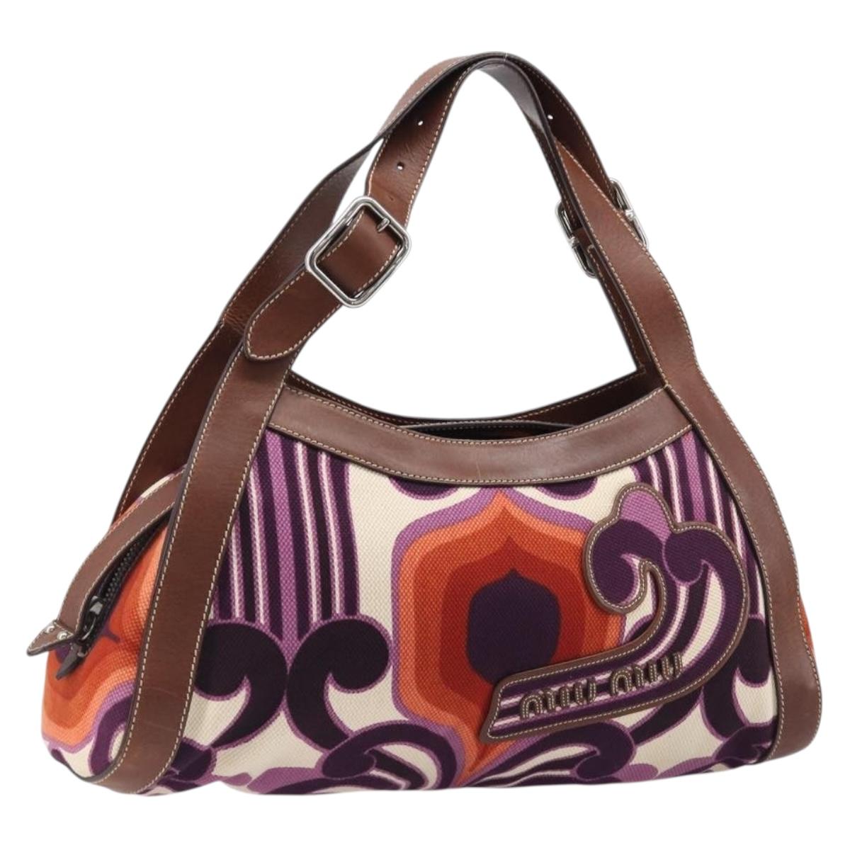Miu Miu Hand Bag Canvas Purple Brown Auth 199357A