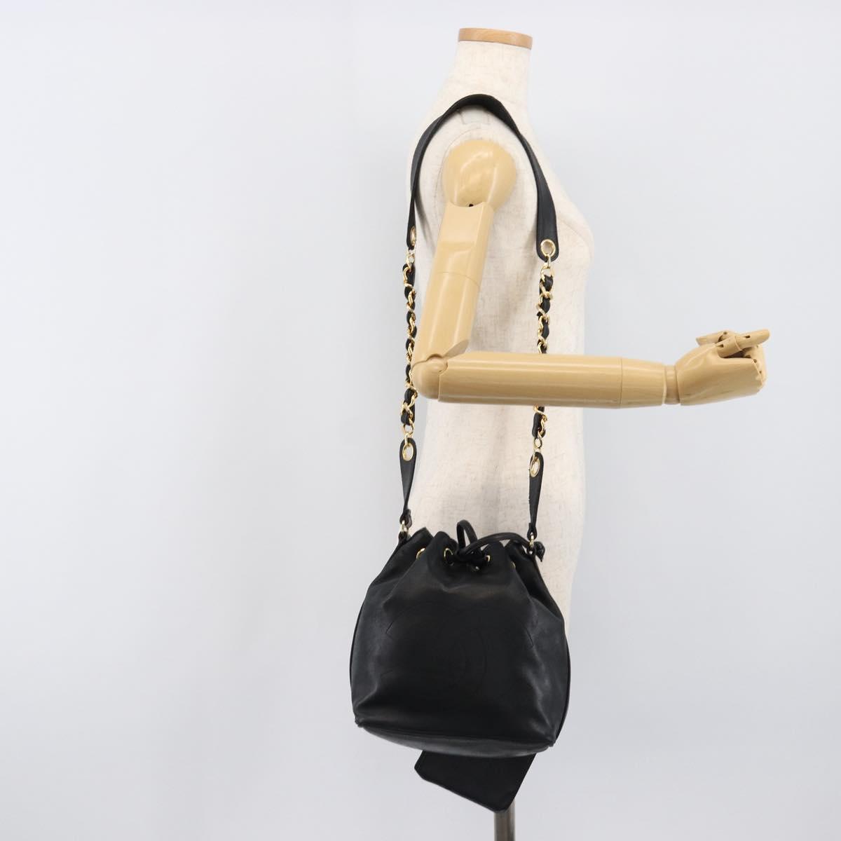 CHANEL Drawstring Chain Shoulder Bag Lamb Skin Black Gold Tone CC Auth 199358V