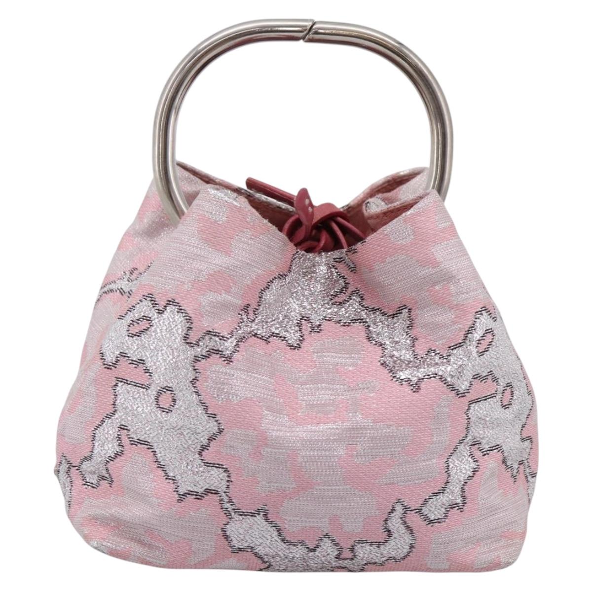 PRADA Brocade Hand Pouch Silk Pink Silver Auth 199363SAM