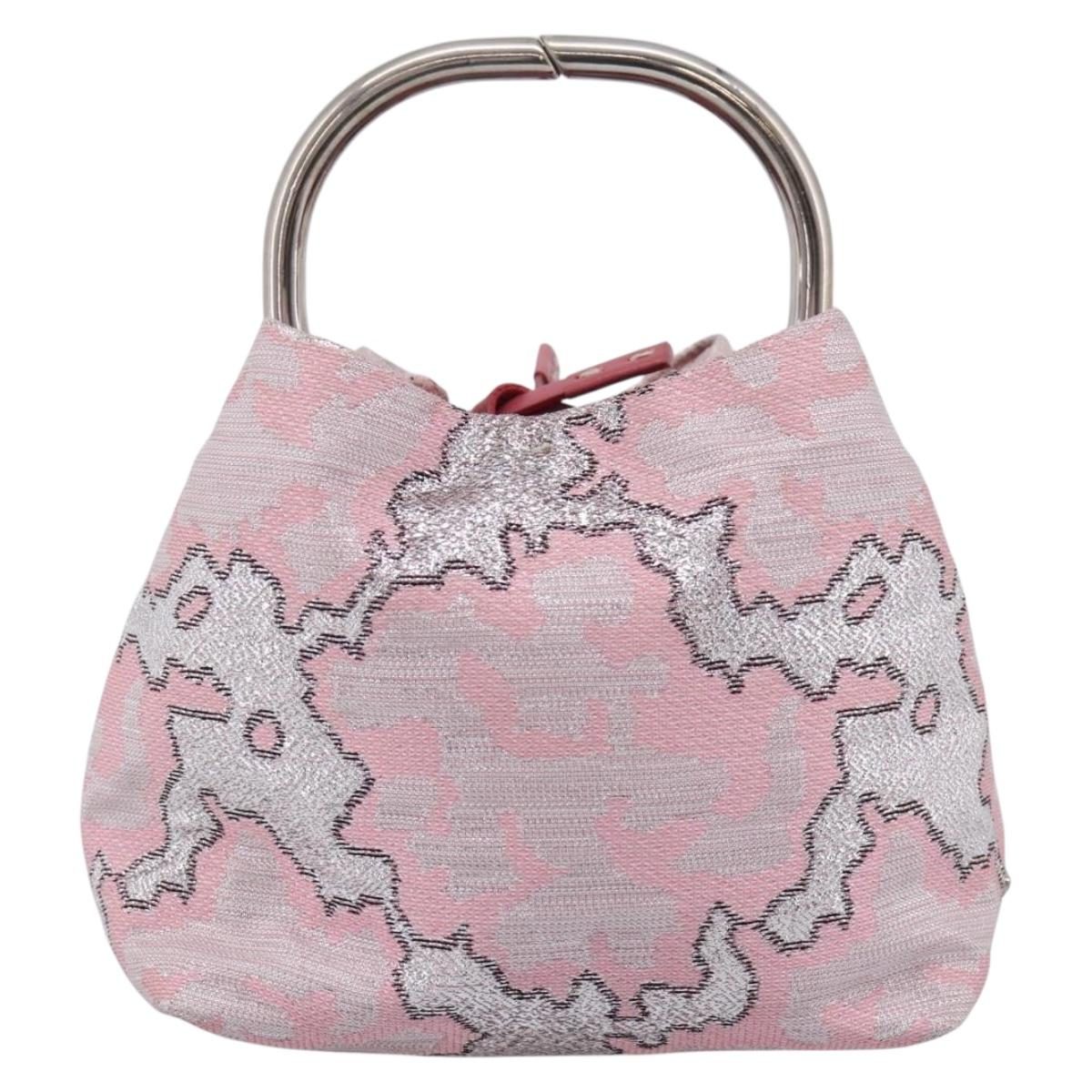 PRADA Brocade Hand Pouch Silk Pink Silver Auth 199363SAM