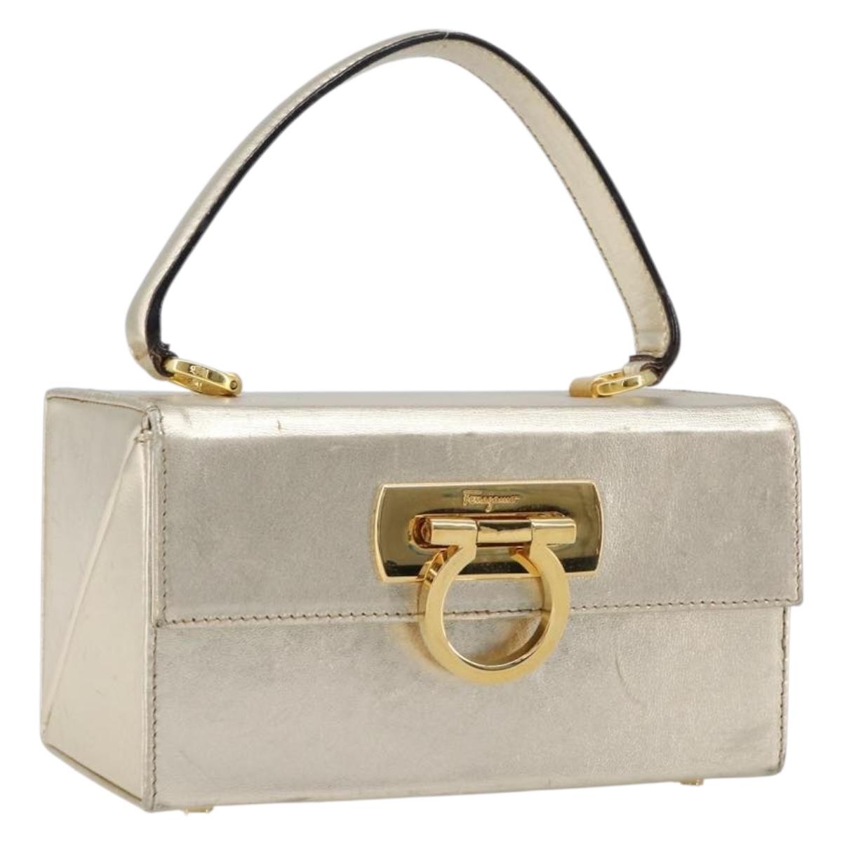 Salvatore Ferragamo Gancini Vanity Hand Bag Leather Gold Auth 199364A