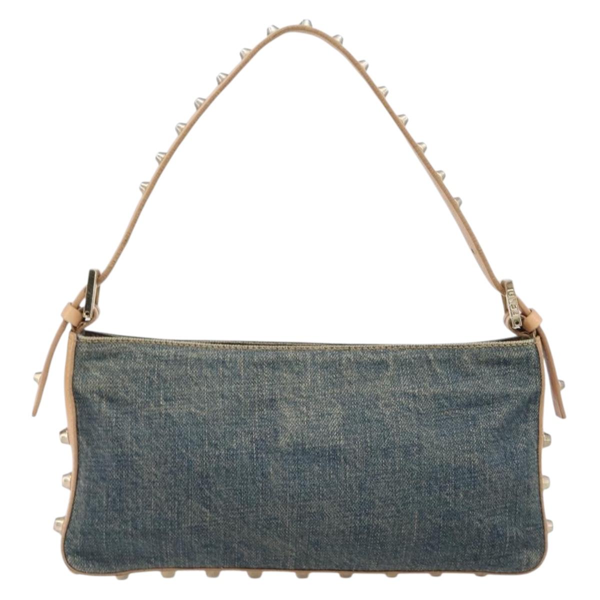 FENDI Studs Hand Bag Denim Blue Beige 8BR042 Auth 199365A