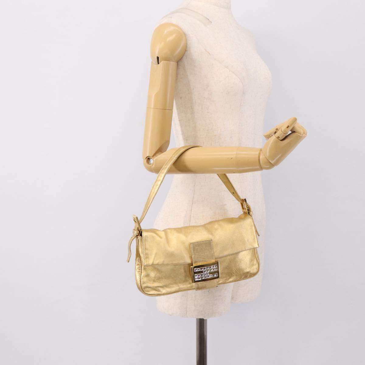 FENDI Mamma Baguette Shoulder Bag Leather Gold Silver Auth 199367A