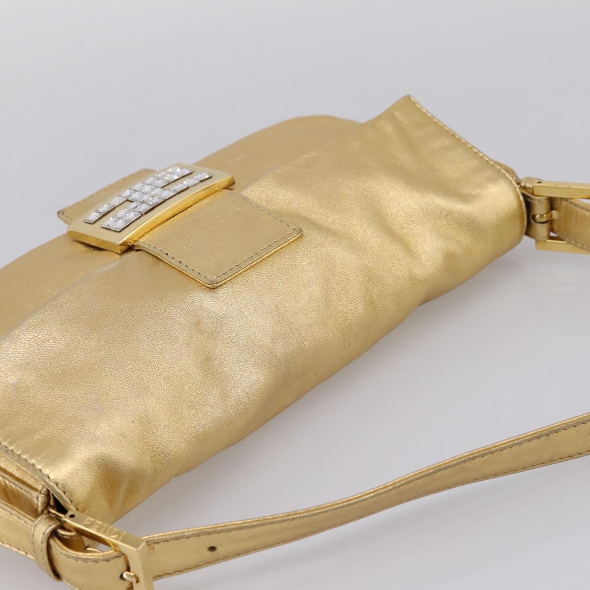 FENDI Mamma Baguette Shoulder Bag Leather Gold Silver Auth 199367A