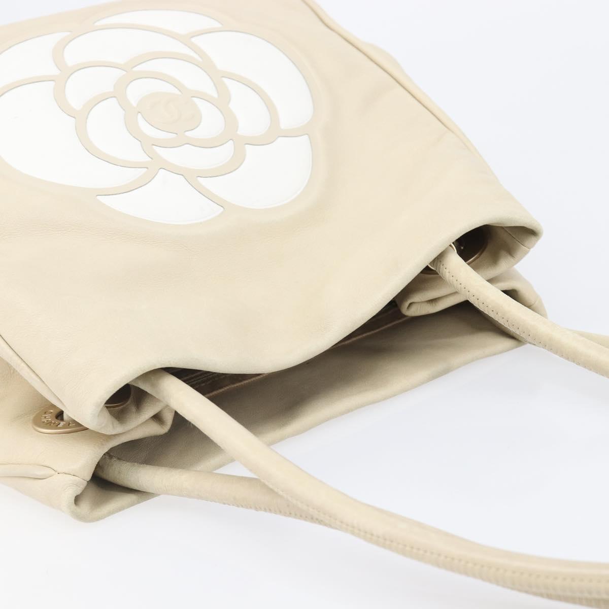 CHANEL Camelia Tote Bag Lamb Skin Beige Gold Tone CC Auth 199382V