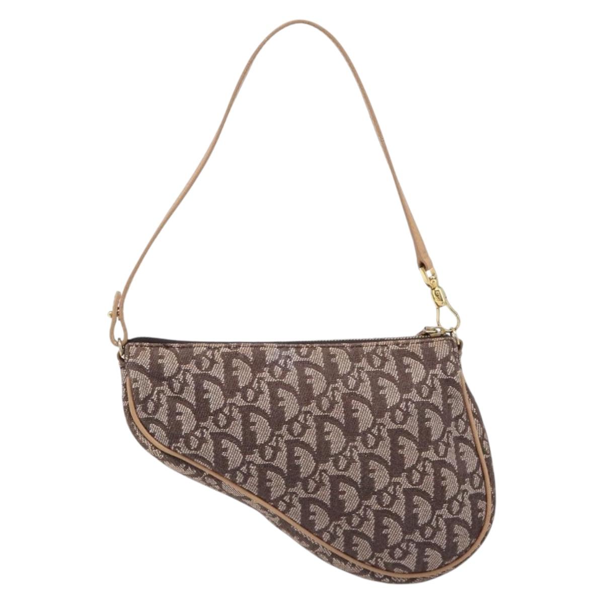 Christian Dior Trotter Canvas Saddle Pouch Brown Gold Tone Auth 199384V