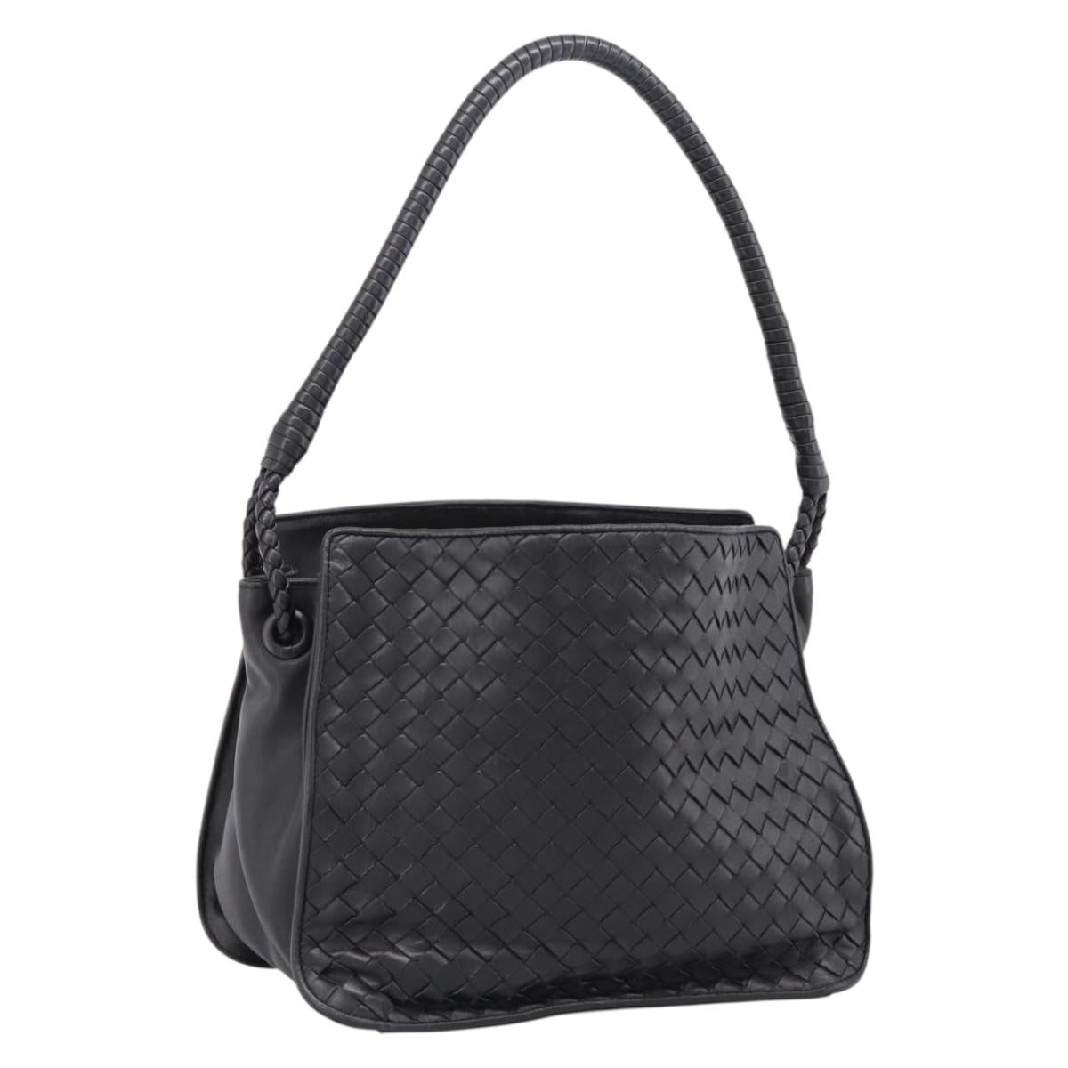 BOTTEGA VENETA INTRECCIATO Shoulder Bag Leather Black Gold Auth 199389V