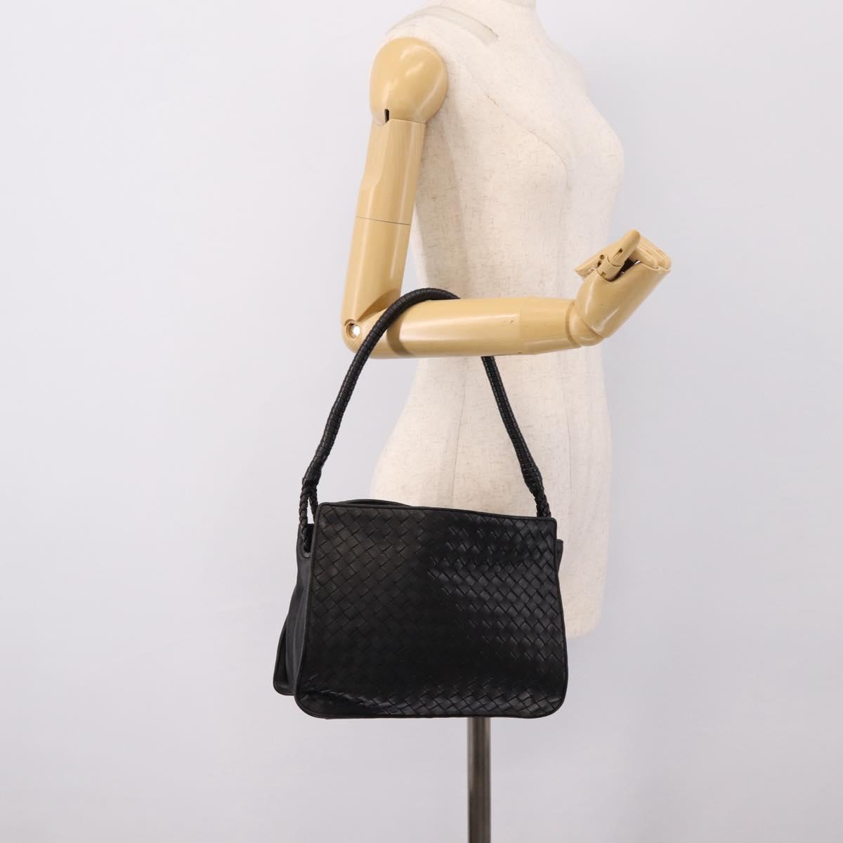 BOTTEGA VENETA INTRECCIATO Shoulder Bag Leather Black Gold Auth 199389V
