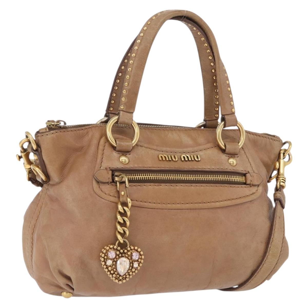 Miu Miu Hand Bag Leather 2way Beige Gold Auth 199396A