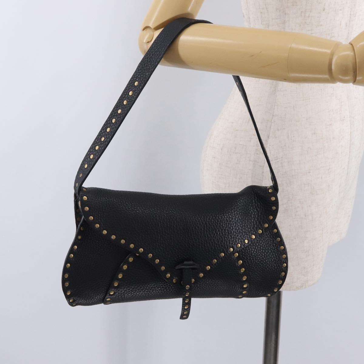 CELINE Shoulder Bag Leather Black Gold Auth 199408V