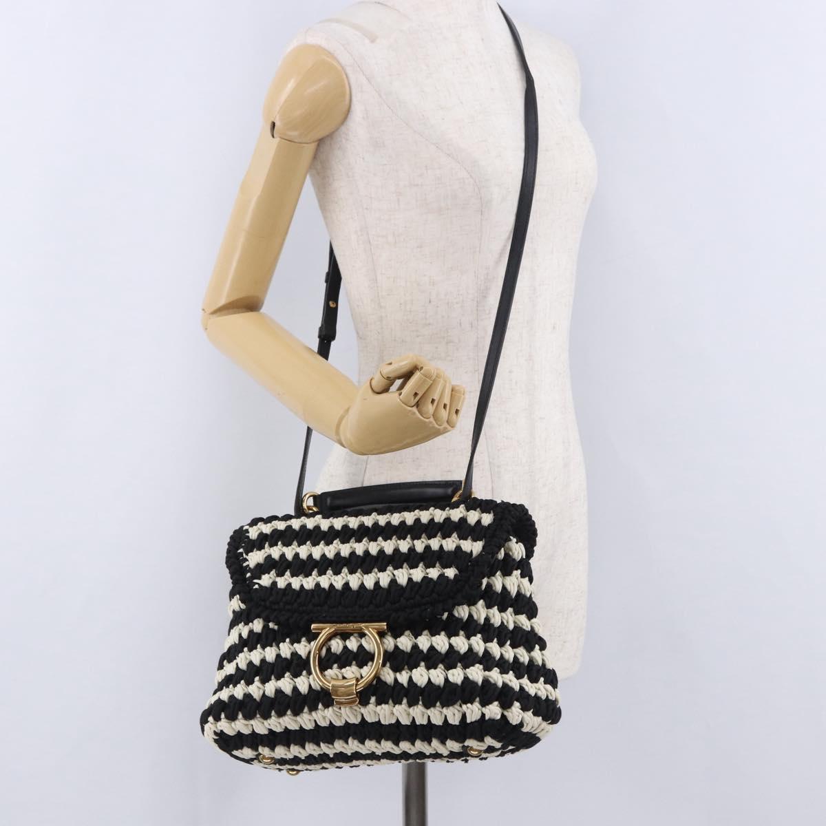 Salvatore Ferragamo Gancini Margot Bag Leather Fabric 2way Black Auth 199409SAM