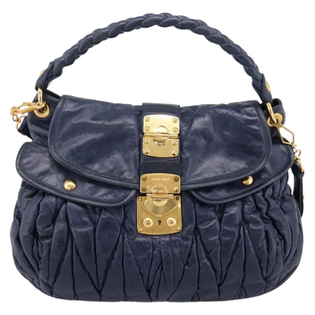 Miu Miu Matelasse Hand Bag Leather 2way Navy Gold Auth 199410V