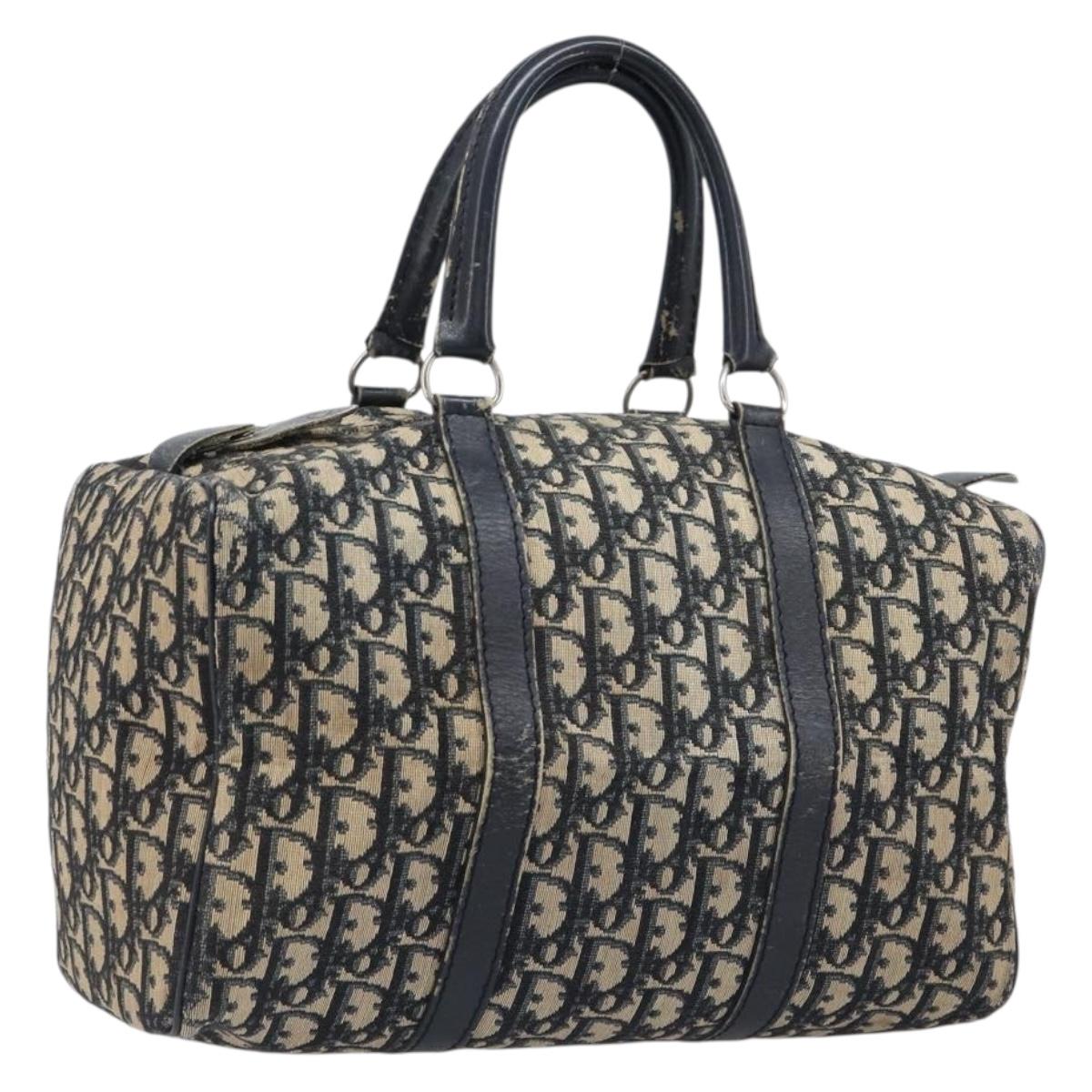Christian Dior Trotter Canvas Boston Bag Navy Silver Auth 199424