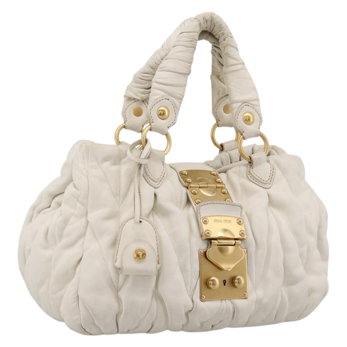 Miu Miu Matelasse Hand Bag Leather 2way White Gold Tone Auth 199436A