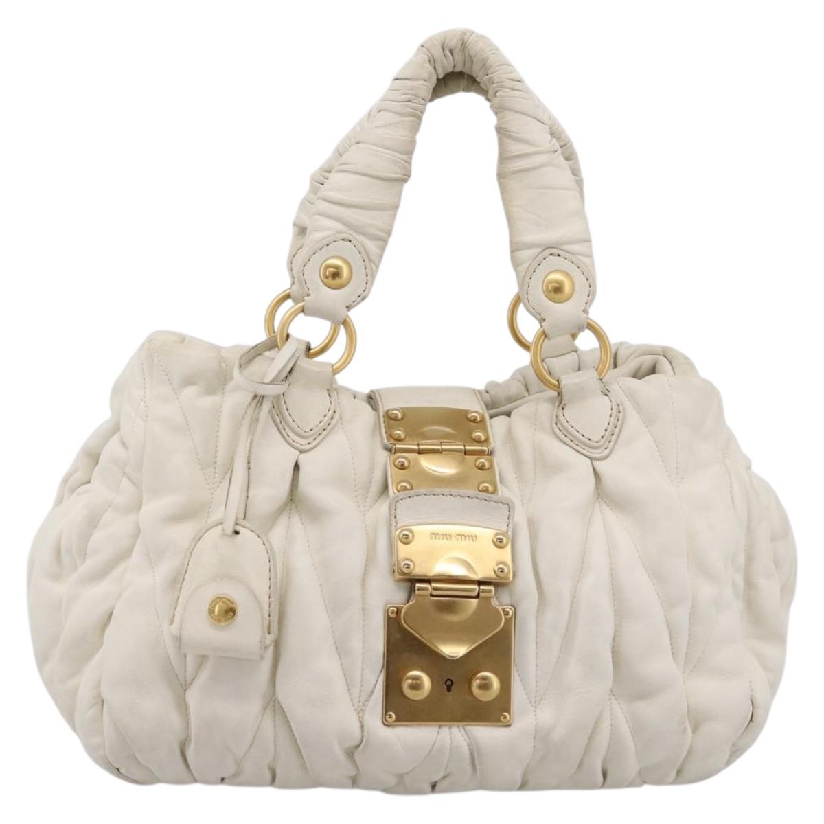 Miu Miu Matelasse Hand Bag Leather 2way White Gold Tone Auth 199436A