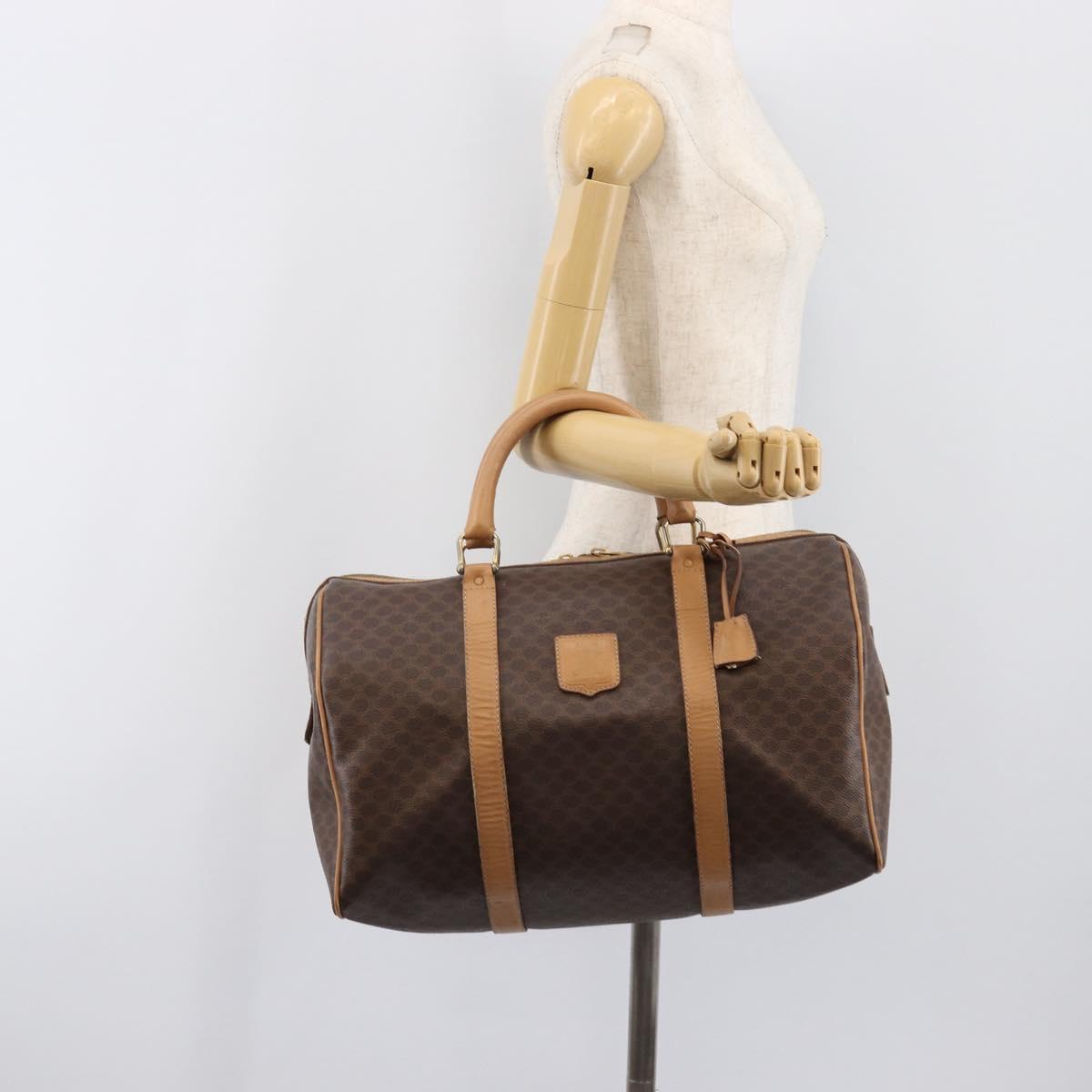CELINE Macadam Canvas Boston Bag PVC Leather Brown Gold Auth 199445
