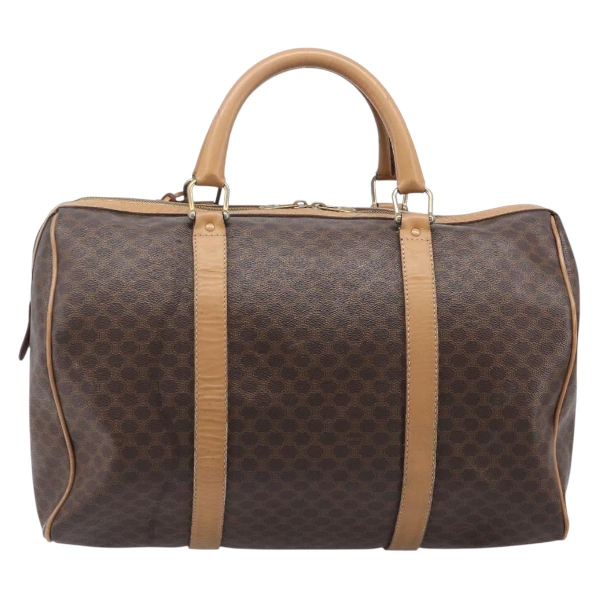 CELINE Macadam Canvas Boston Bag PVC Leather Brown Gold Auth 199445