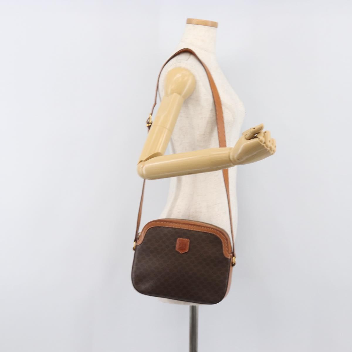 CELINE Macadam Canvas Shoulder Bag PVC Leather Brown Gold Auth 199455