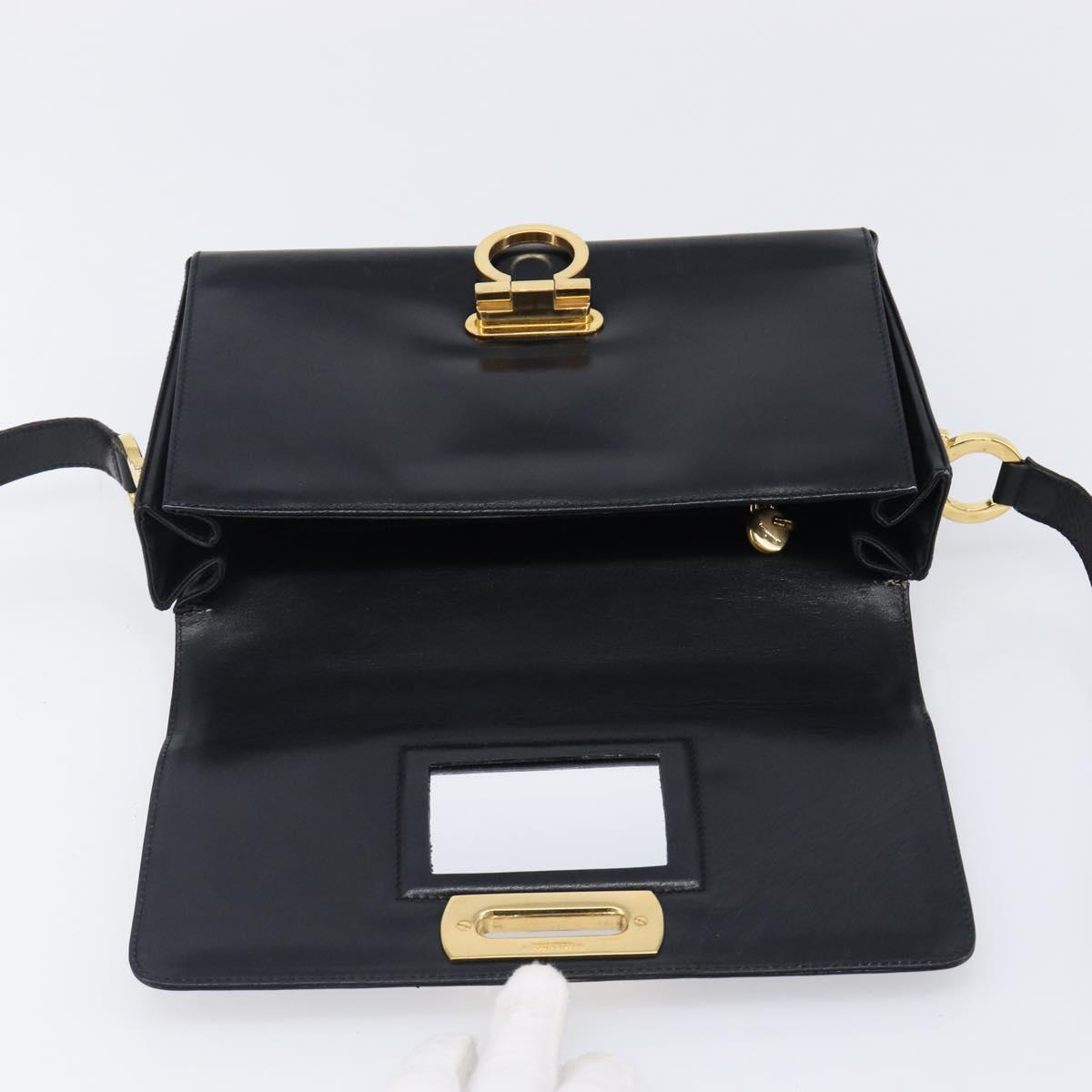 Salvatore Ferragamo Gancini Shoulder Bag Leather Black Gold Auth 199456