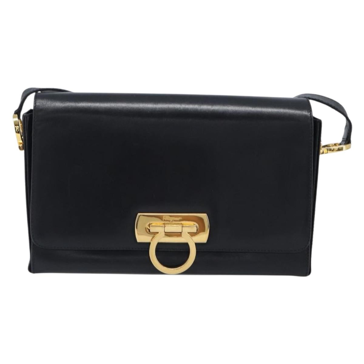 Salvatore Ferragamo Gancini Shoulder Bag Leather Black Gold Auth 199456