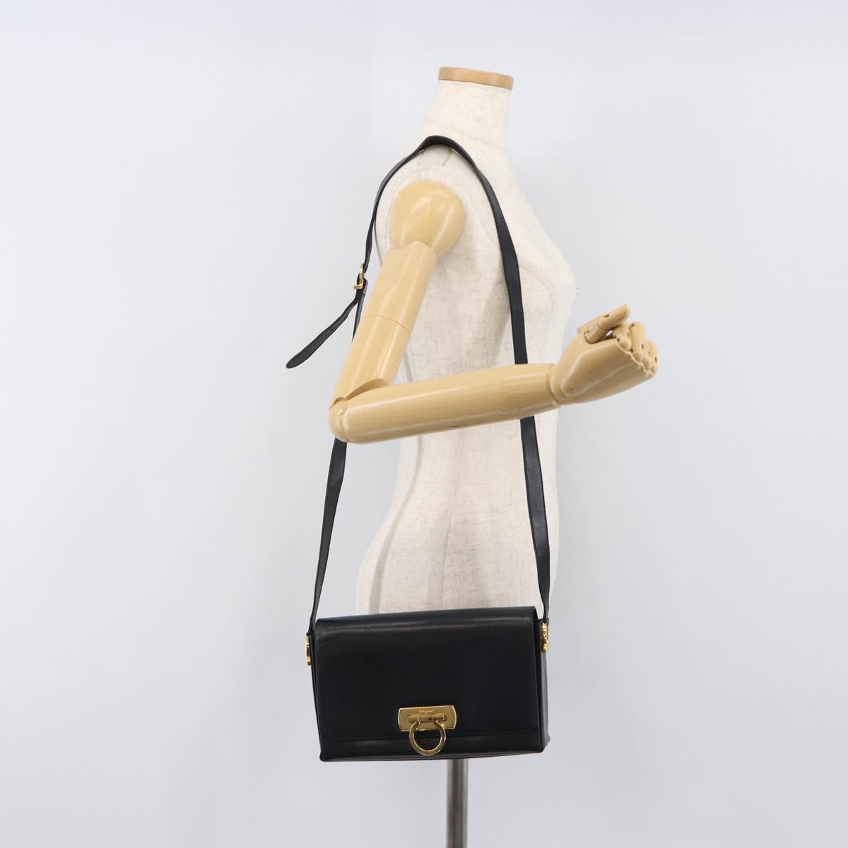 Salvatore Ferragamo Gancini Shoulder Bag Leather Black Gold Auth 199456