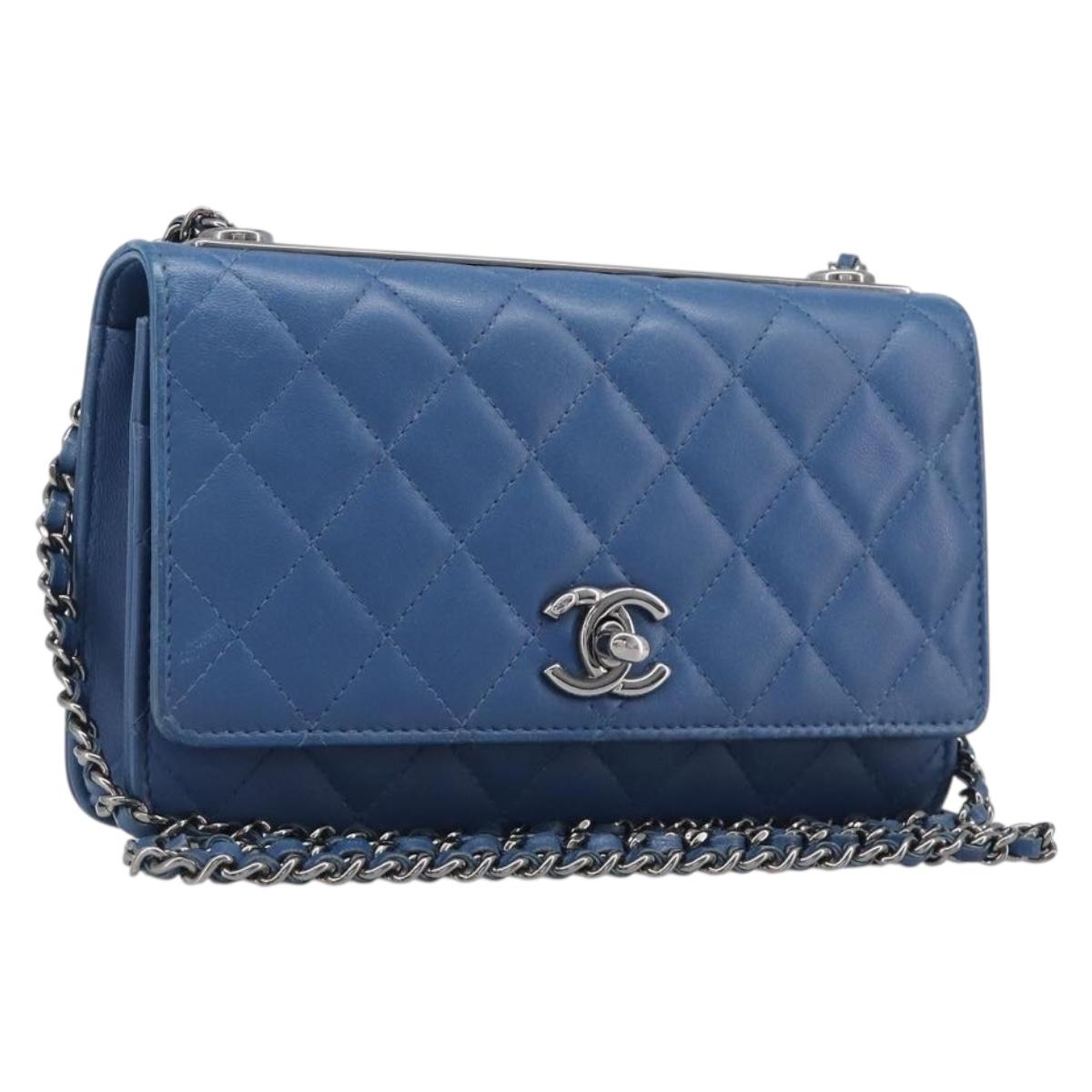 CHANEL Matelasse Trendy CC Chain Wallet Lamb Skin Blue Silver CC Auth 199460SAM