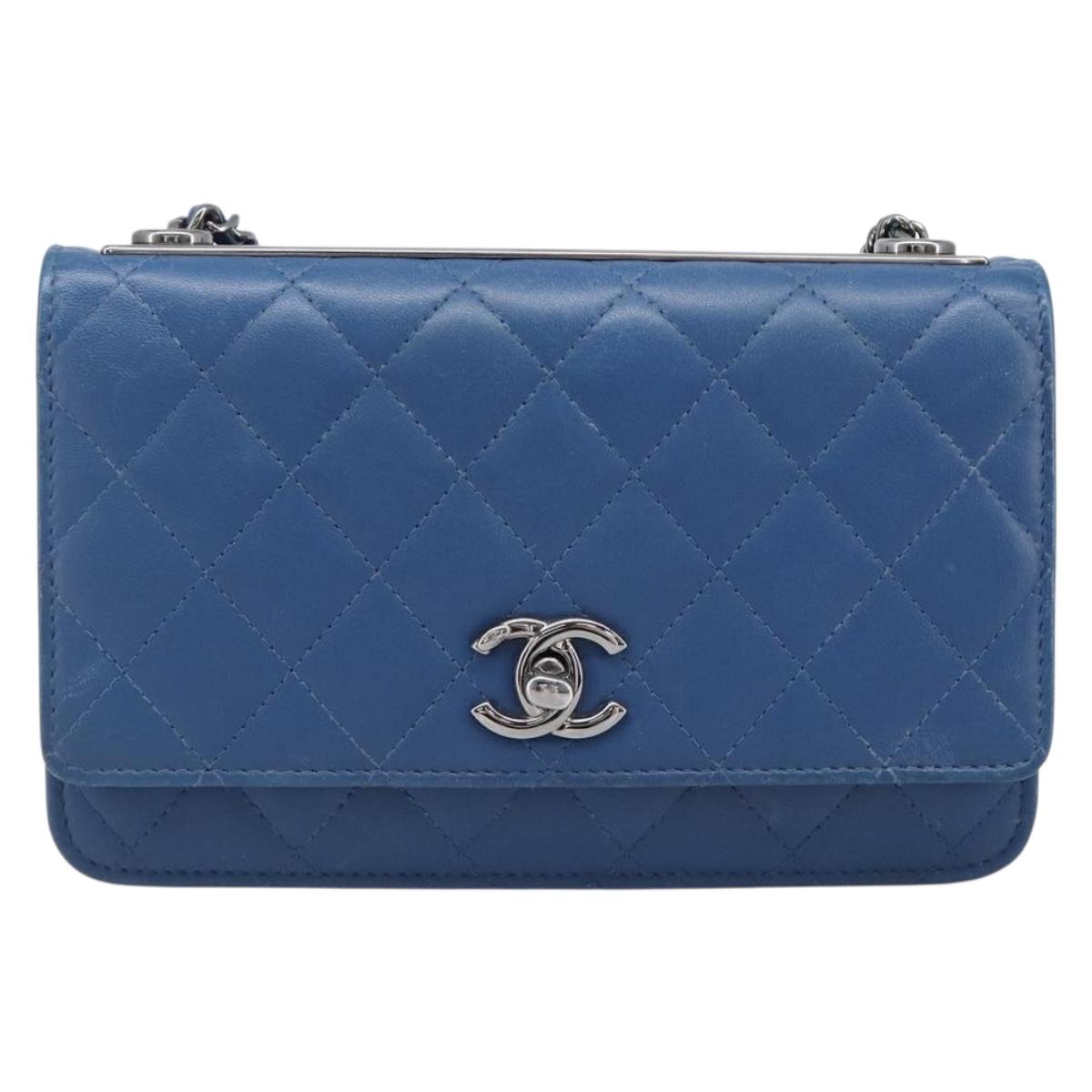 CHANEL Matelasse Trendy CC Chain Wallet Lamb Skin Blue Silver CC Auth 199460SAM